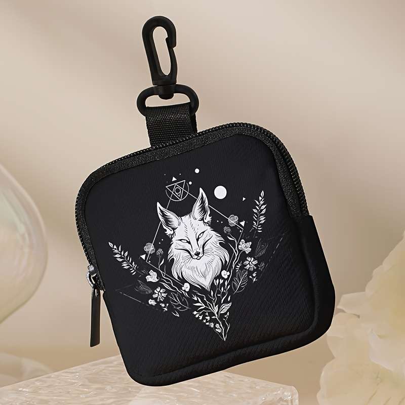 1pc Large Capacity Coin Wallet with Black and White Wolf Pattern Digital Print Storage Bag Multif