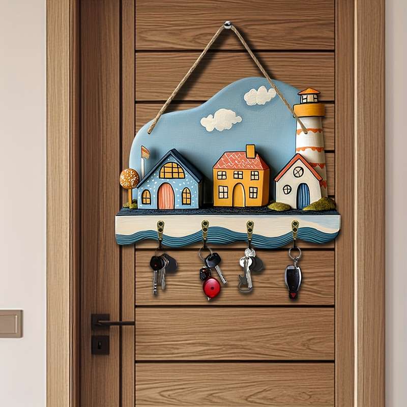 1pc Seaside Style Creative Home Wall Mounted Key Holder Simple Colorful Wooden Key Holder with Fou