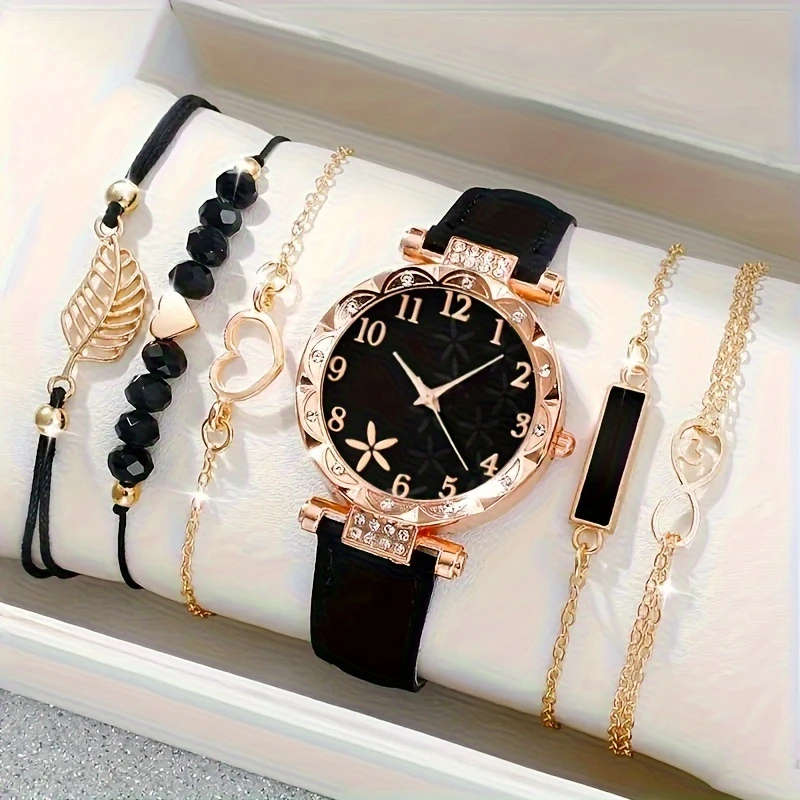 6pcs set Beautifully Designed Printed Rhinestone Quartz Watches with Digital Dial And Bracelets
