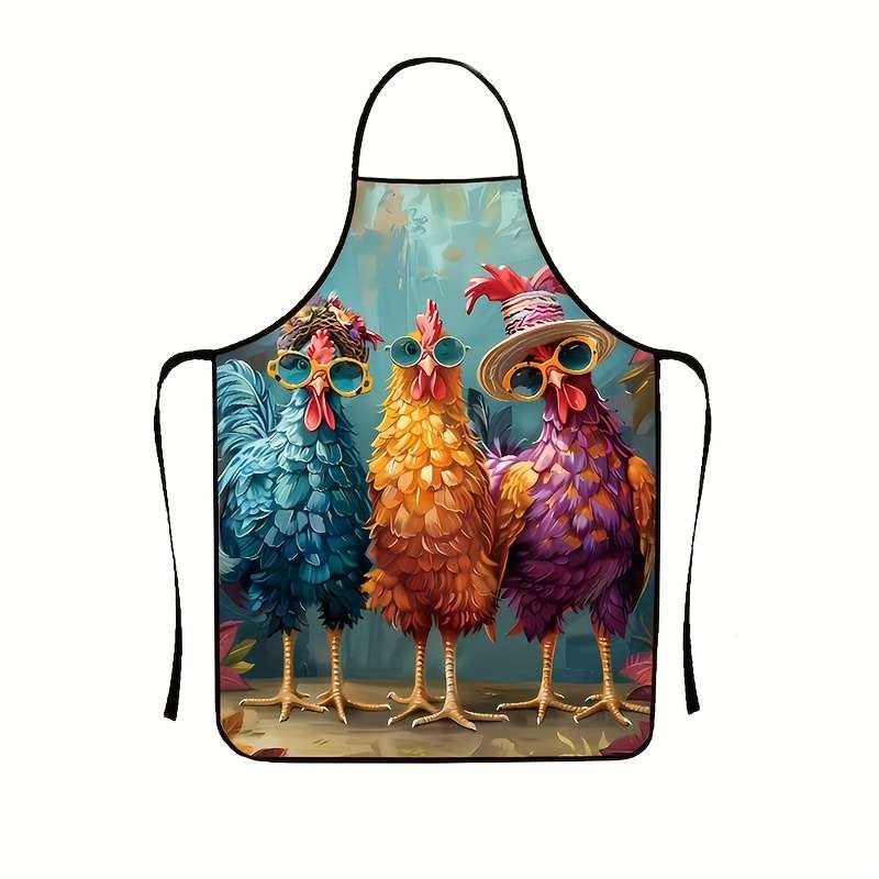 1pc Colorful Chicken Pattern Kitchen Apron   100% Polyester   Whimsical Rooster Design with Fashion