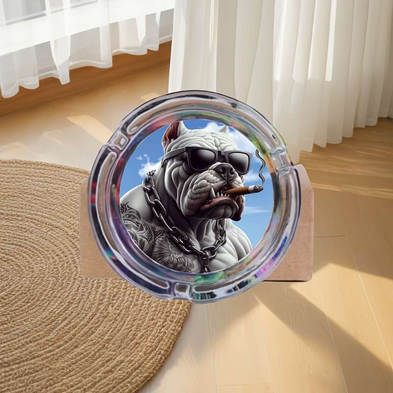 Glass Ashtray Bulldog Design with Fashion Glasses Cigar Illustration Multi-Color Round S