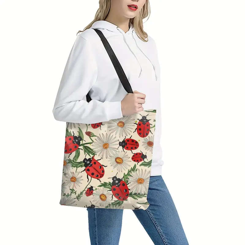 1pc Ladybugs With Daisies Pattern Canvas Tote Bag Large Women Casual Shoulder Bag Handbag Reusable M