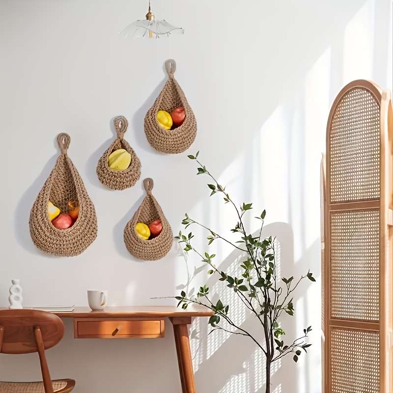 3pcs set of bohemian rope net wall hanging baskets linen hooks for storing fruits and vegetabl
