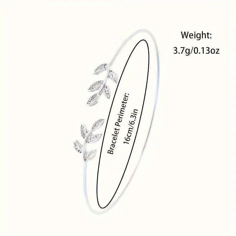 2pcs Women's Simple PU Leather White Quartz Watch + Fashion Leaf Open Bracelet Set Valentine's Day E