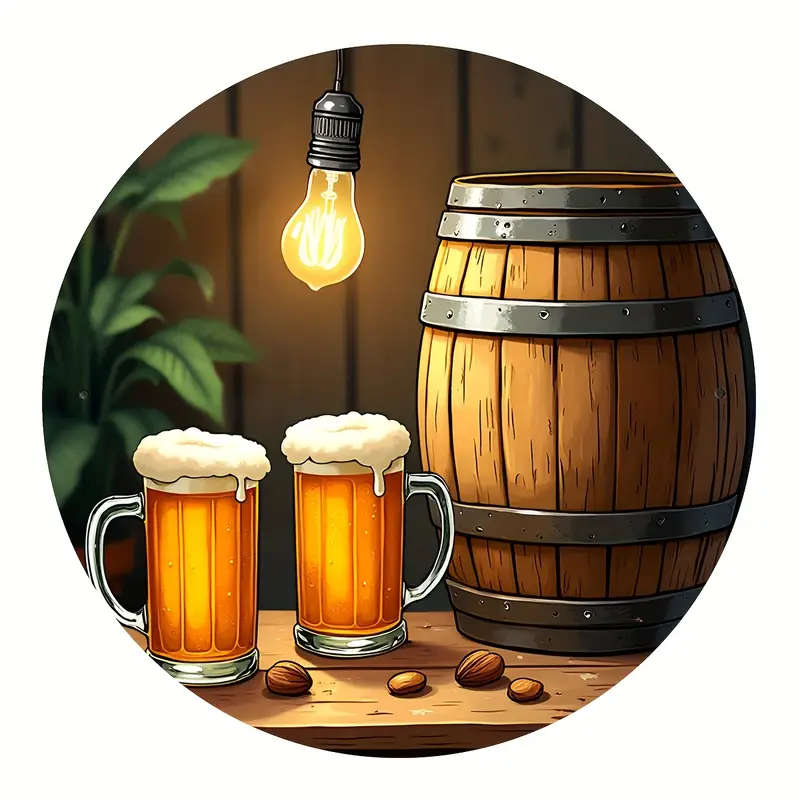 1pc Vintage Aluminum Wall Art Rustic Wooden Barrel with Bulb Lighting Beer-Themed Decor for Home Off