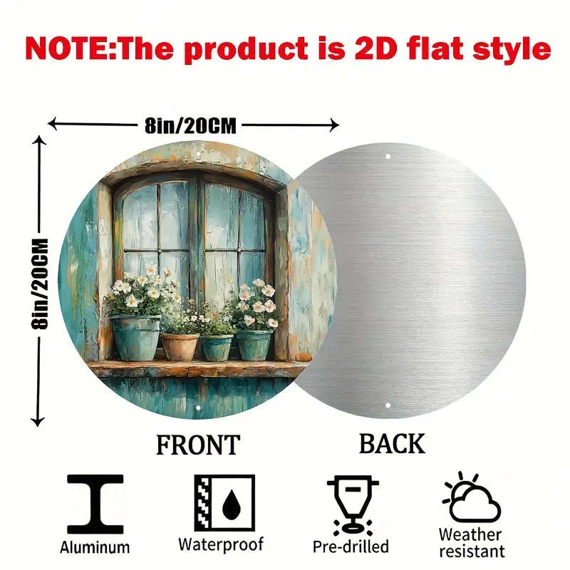 1pc 2D Tin Sign Window With Flowers In Pots Retro Aluminum Circular Metal Sign Metal Wreath Sign Ret