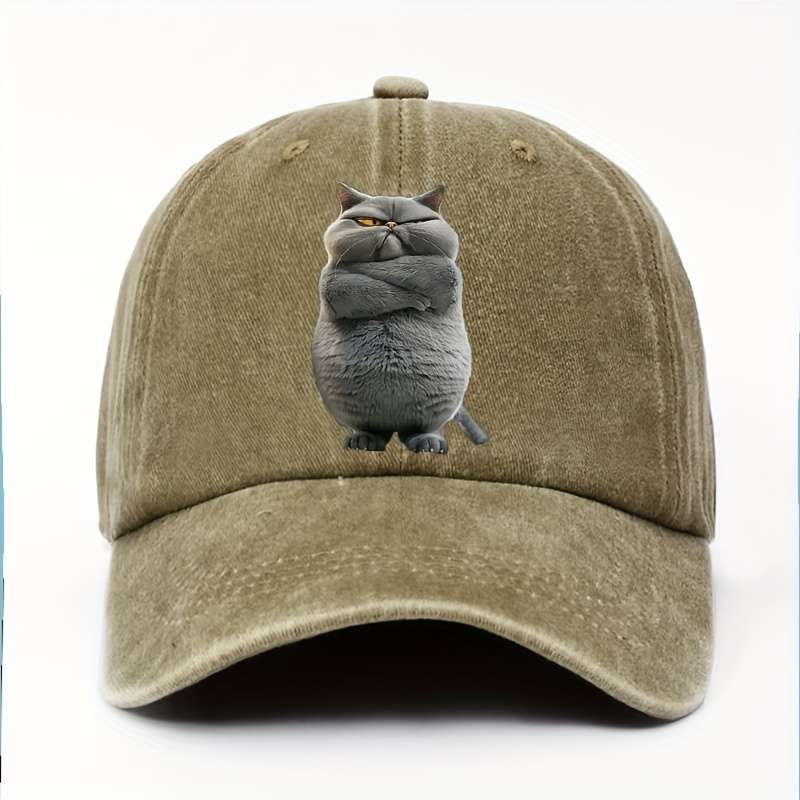 1pc Adjustable Cotton Baseball Cap with Funny Cat Print Unisex Vintage Washed Hat Pre-Curved Sun