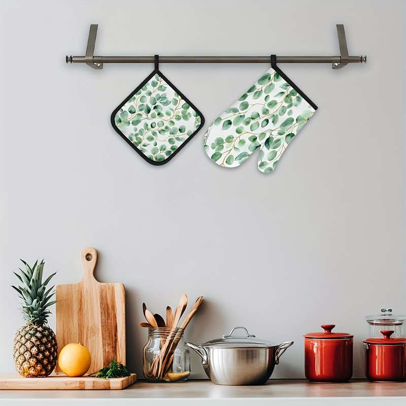2pcs Green Eucalyptus Watercolor Leaves Pattern Oven Mitts and Pot Holders Sets