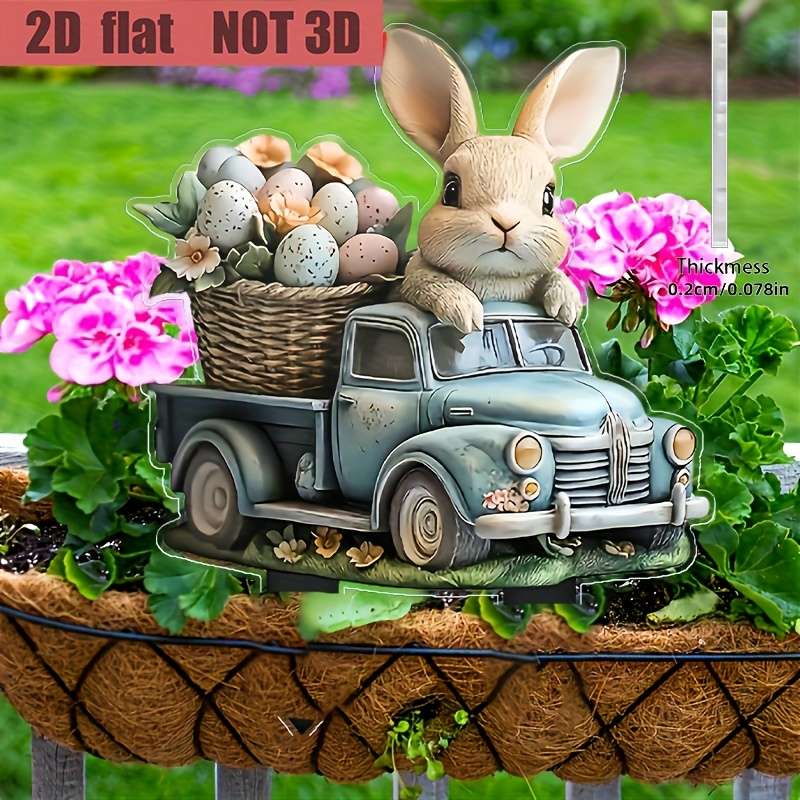 1pc 2D Flat  acrylic charming bunny and retro truck garden piles Easter themed outdoor d