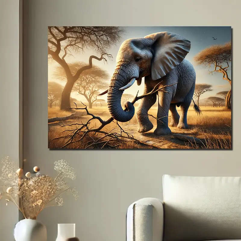 1pc Elephant Canvas Art with Wood Frame Modern Oil Painting Style Warm Savanna Sunset Scene Home Off