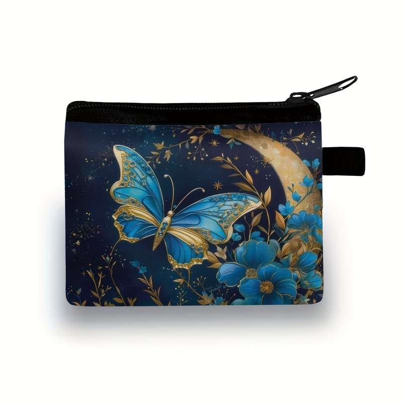 1pc Elegant Butterfly Floral Print Compact Purse for Girls Casual Polyester Coin Key Card Ho
