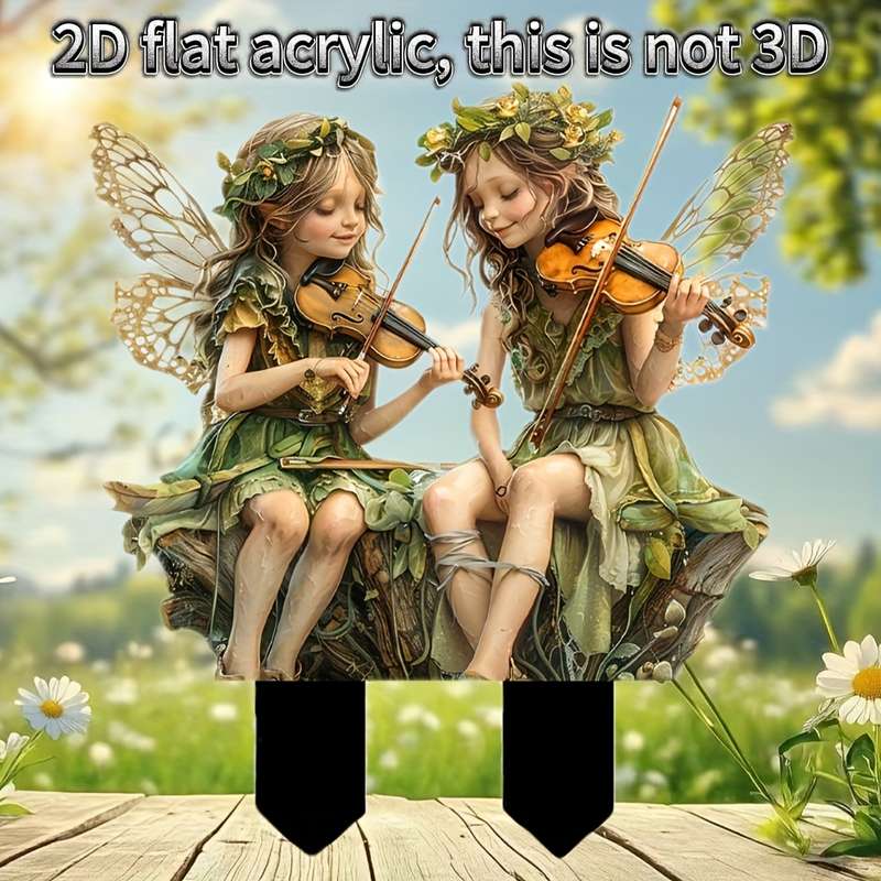 1pc 2D Flat   Acrylic Fairy Garden Stake Decorations Whimsical Elf Figurines Playing Violins W