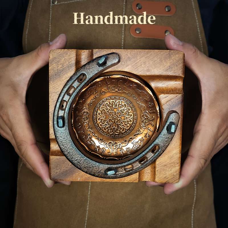 1pc Lucky Horseshoe Wooden Cigar Ashtray with Intricate Carved Floral Design Rustic Cowboy De