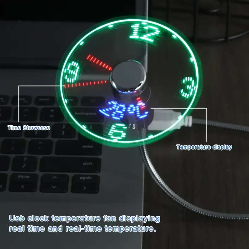1pc Portable USB Clock Fan With Intelligent Creative Fashion Energy-saving LED Light Flashing Golden