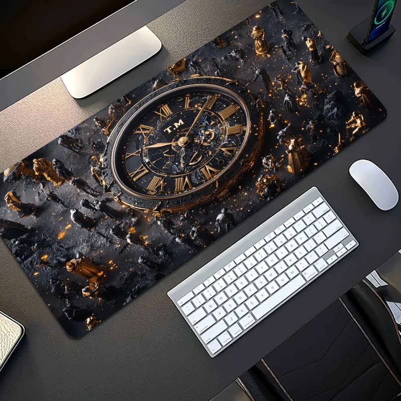1pc 30x80cm Luxurious Black And Golden Mechanical Clock Pattern Mouse Pad
