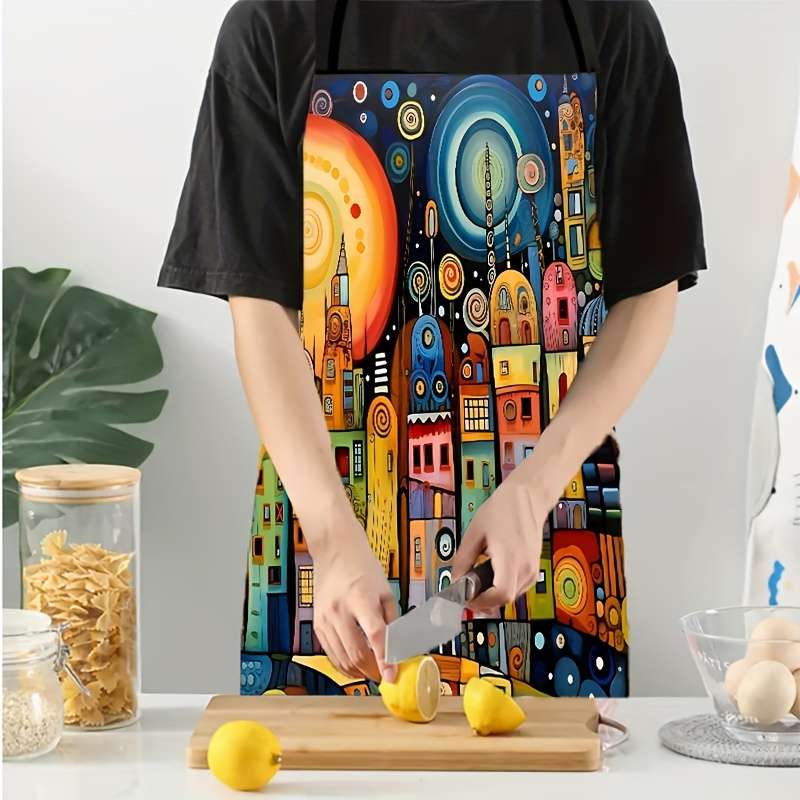 1pc Colorful Art City Pattern Polyester Apron Sleeveless Durable Kitchen Cleaning Bib
