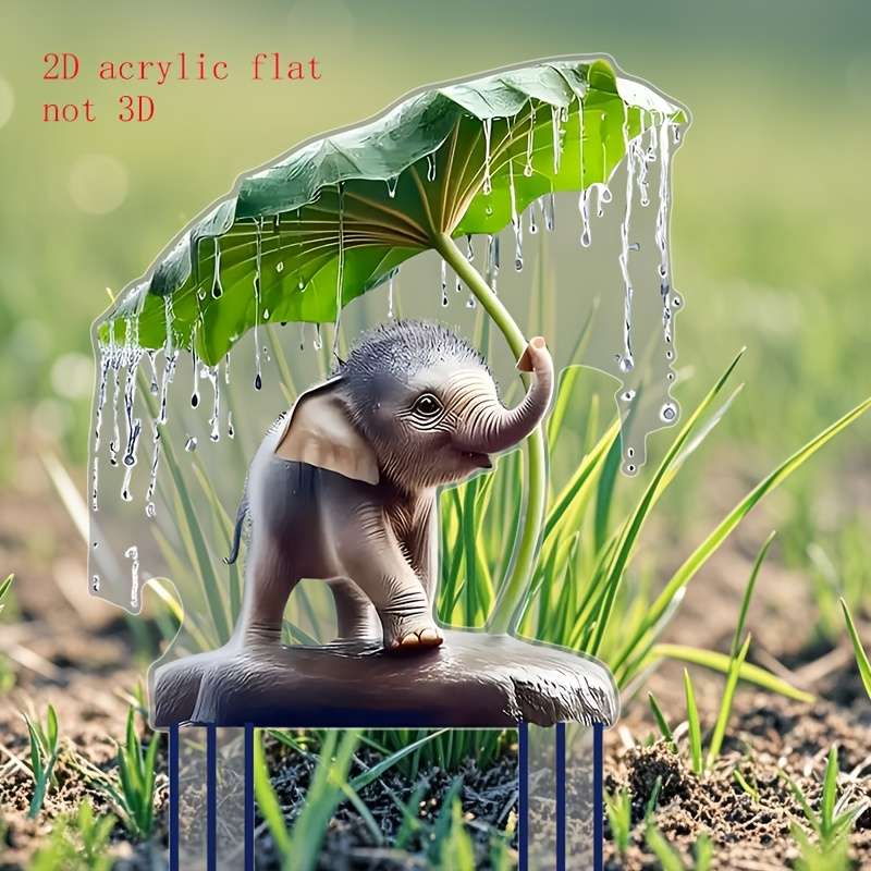 1pc 2D Flat  Charming Youngsters Elephant Under Umbrella  Acrylic Garden Stake Bohemian Style O