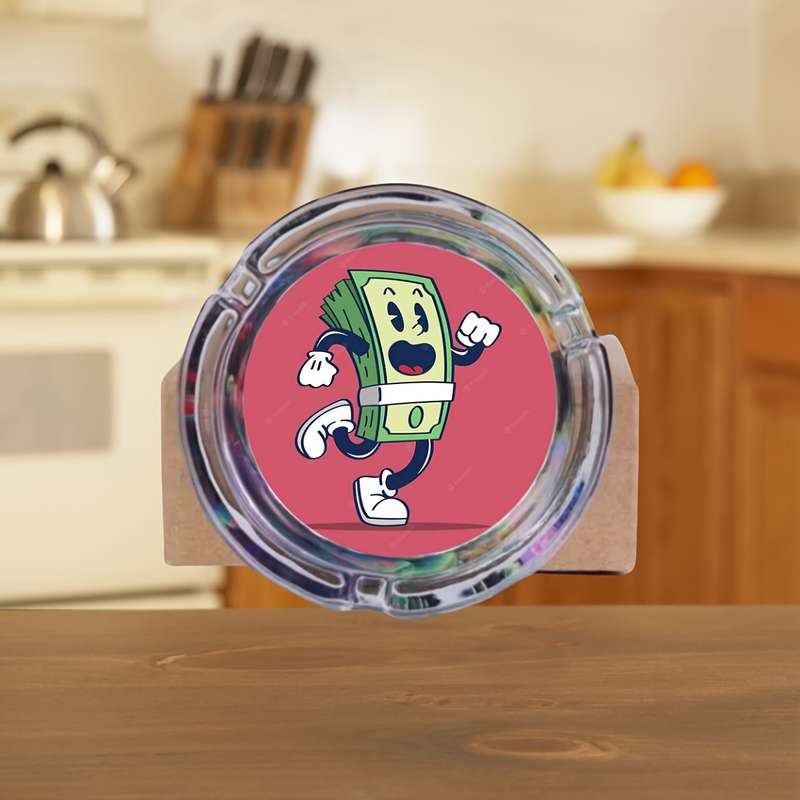 1pc Round Glass Ashtray with Cartoon Dollar Design Colorful Playful Money Illustration Perf