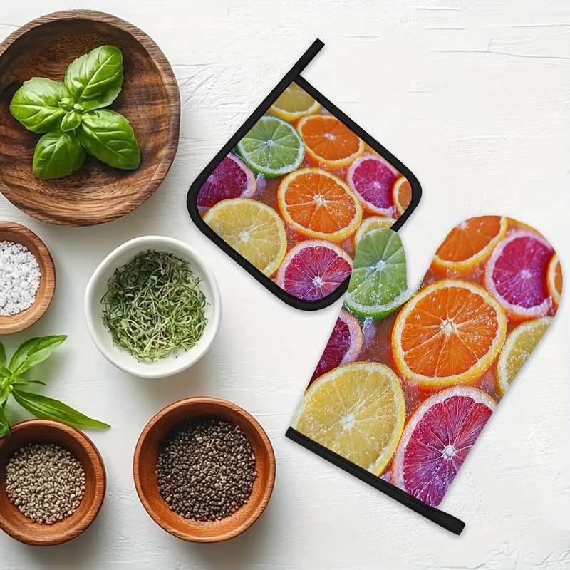 2pcs Citrus Fruit Slices Pattern Oven Mitts and Pot Holders Set Heat Resistant Microwave Glov