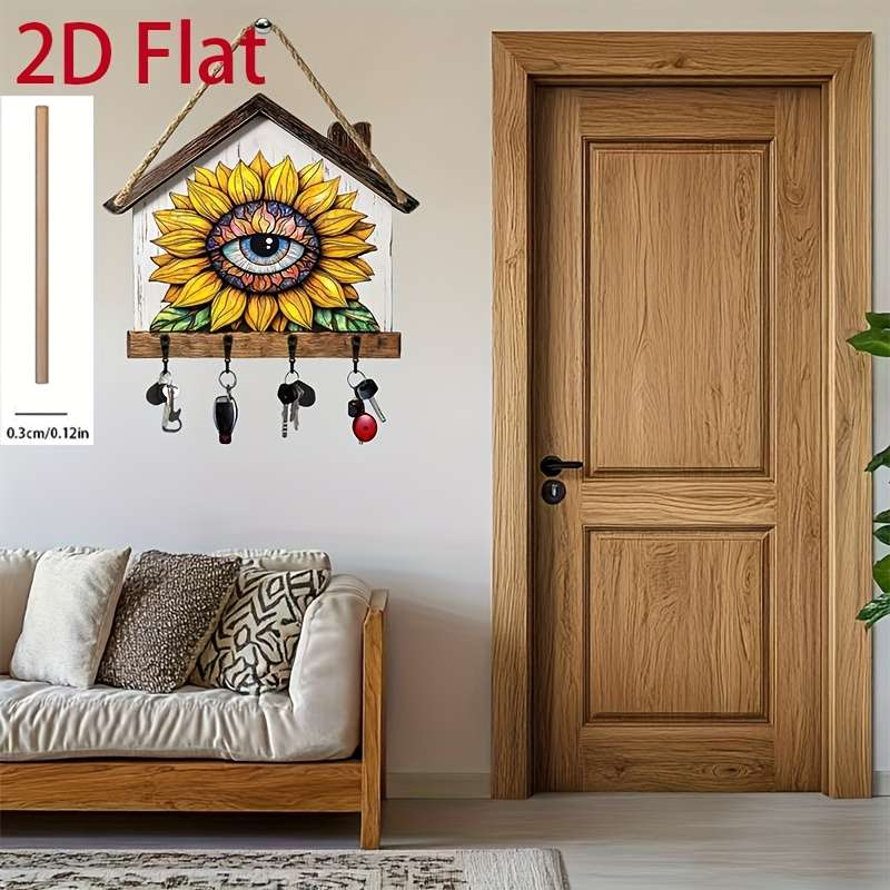 2D/Flat Sunflower Eye Simple Colorful Wooden and Home Key Holder with Four Metal Hooks Wall Decor
