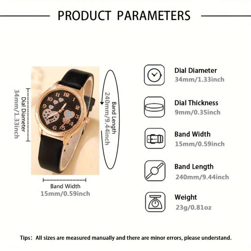 4pcs set Women's Fashion Quartz Watch Black PUPU Leather PU Leather Rhinestone Necklace Earrings Rin