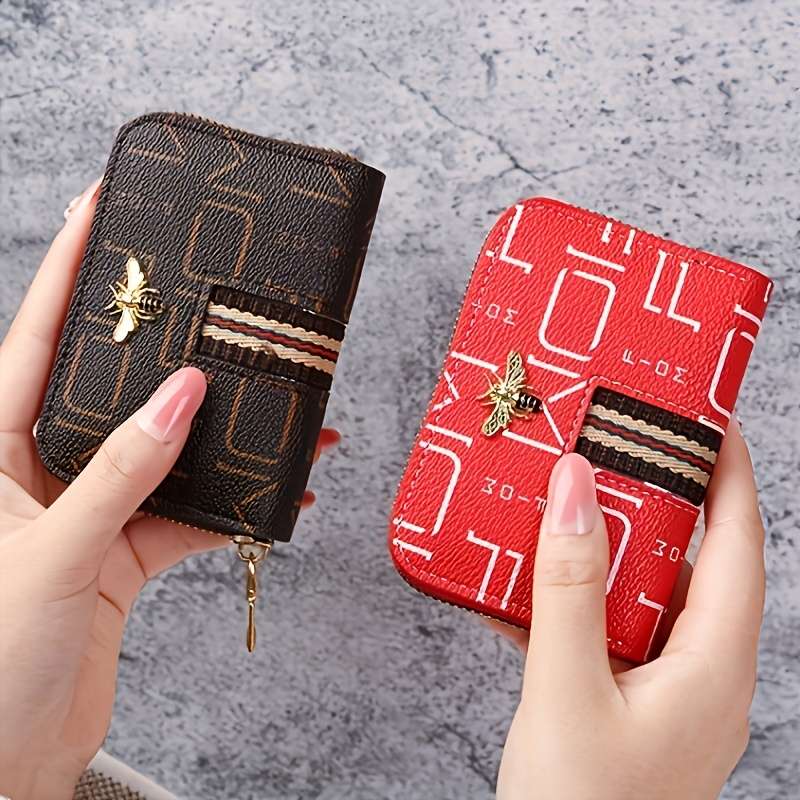 1pc Foldable PU Wallet Organizer for Women Cute Bee Design Multi-Card Holder Zippered Accordion