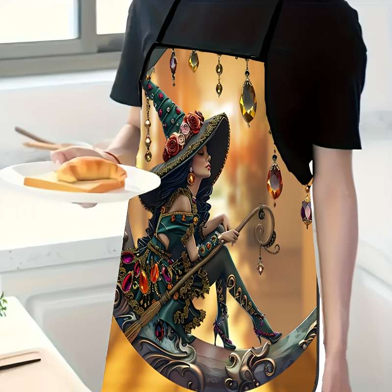 1pc Enchanted Moonlight Witch 3D Print Sleeveless Apron Whimsical Fantasy Design with Floral Hat