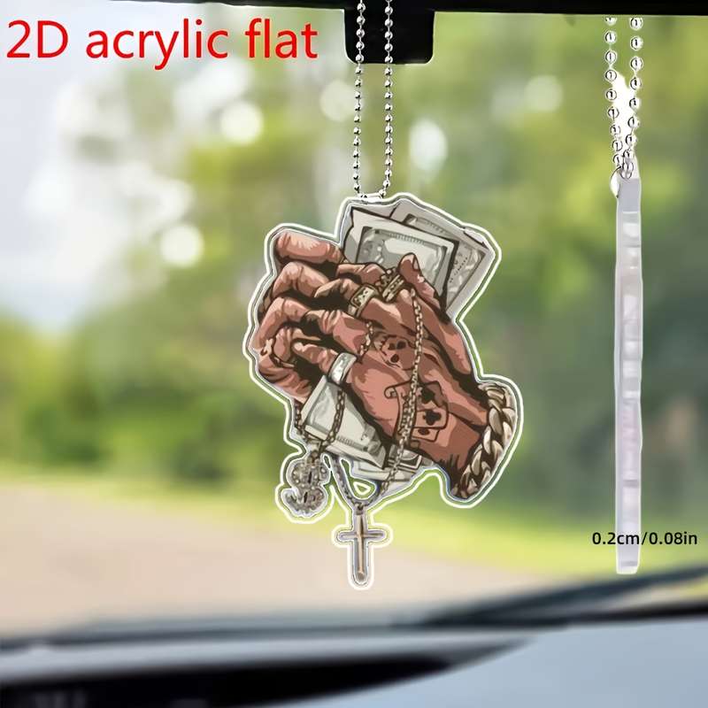 1pc 2D Flat   Acrylic Flat Prayer Hands Car Mirror Charm with Dollar Bills Cross Necklace Rosa