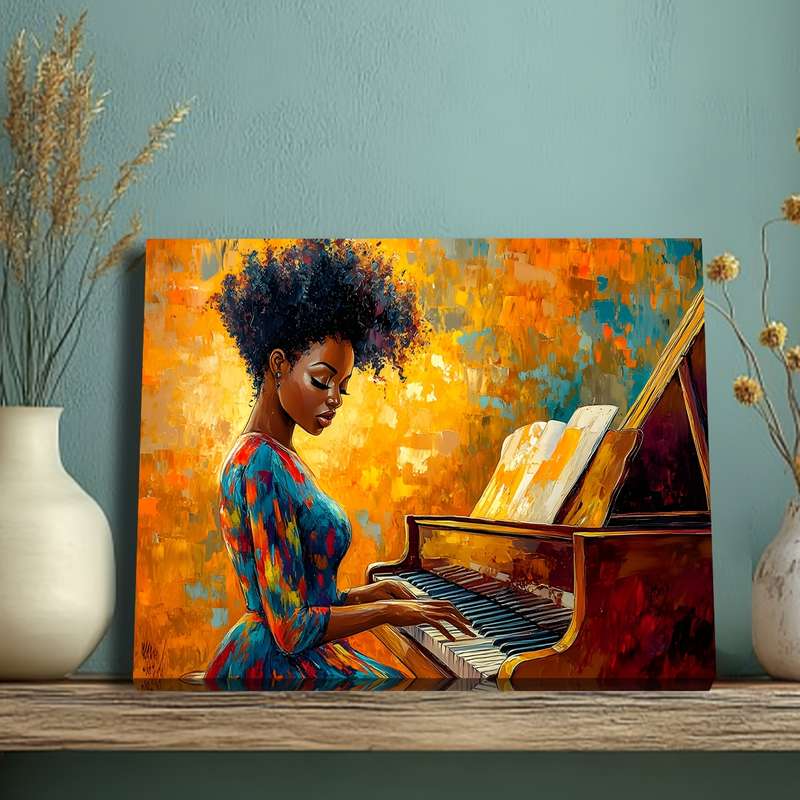 1pc Vibrant African-American Woman Playing Piano Canvas Art with Wooden Frame Colorful Retro Wall