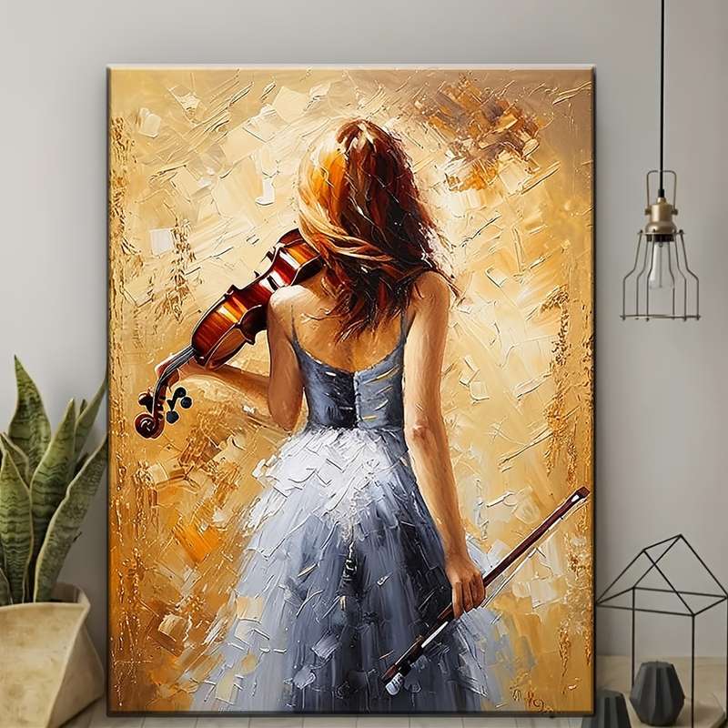 1pc  Elegant Violinist Art Print Music-Themed Wrapped Canvas Frame with Pine Wood Back View W