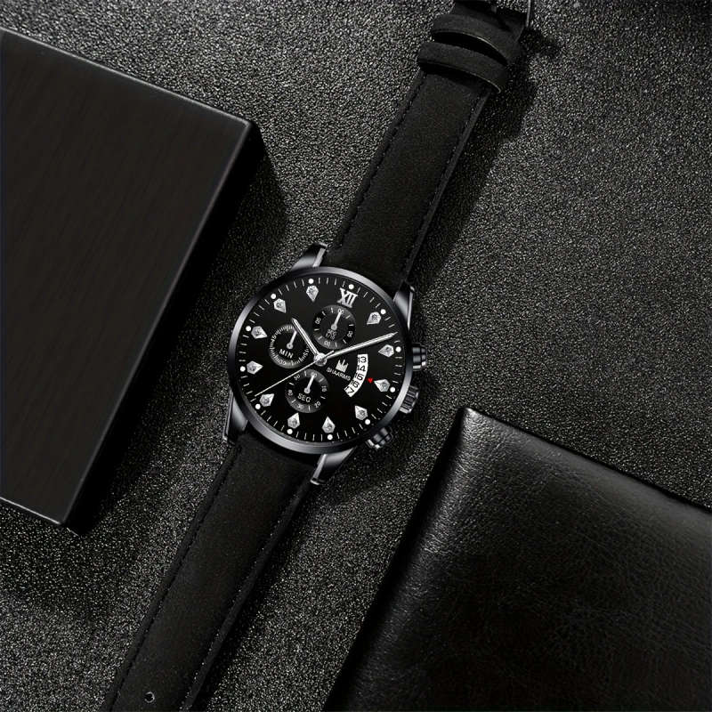 1pc Men's Classic Sport Quartz Watch with Calendar Round Dial Faux Leather Strap Alloy Case Perfect