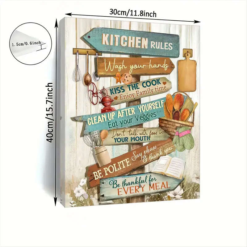 1pc Farmhouse Kitchen Rules Wall Art Wooden Frame Canvas Print Woven Decor for Living Room Bedroom K