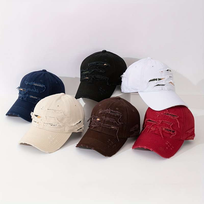 1pc Embroidered Distressed Cotton Baseball Cap Sun Protection Frayed Dad Hat with Embroidery Ad