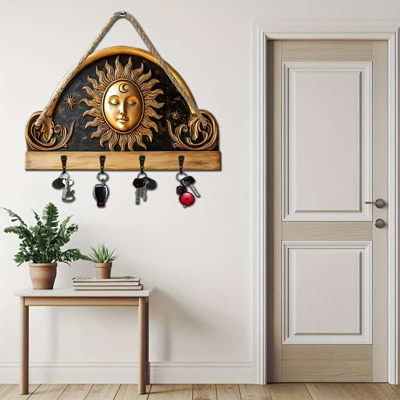 2D Flat 1pc Sun and Moon God Statue Simple Colored Wooden and Home Key Hanger with Four Metal Ho