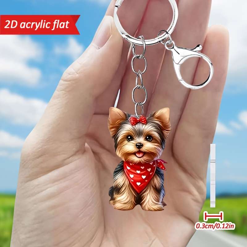 1pc 2D Flat   Cute Yorkshire Terrier Pattern Keychain Novel Acrylic Design Key Chain Decoration