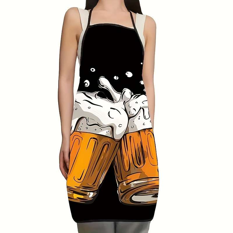 1pc Durable Polyester BBQ Apron Woven Grilling and Outdoor Cooking Apron with Beer and Pizza