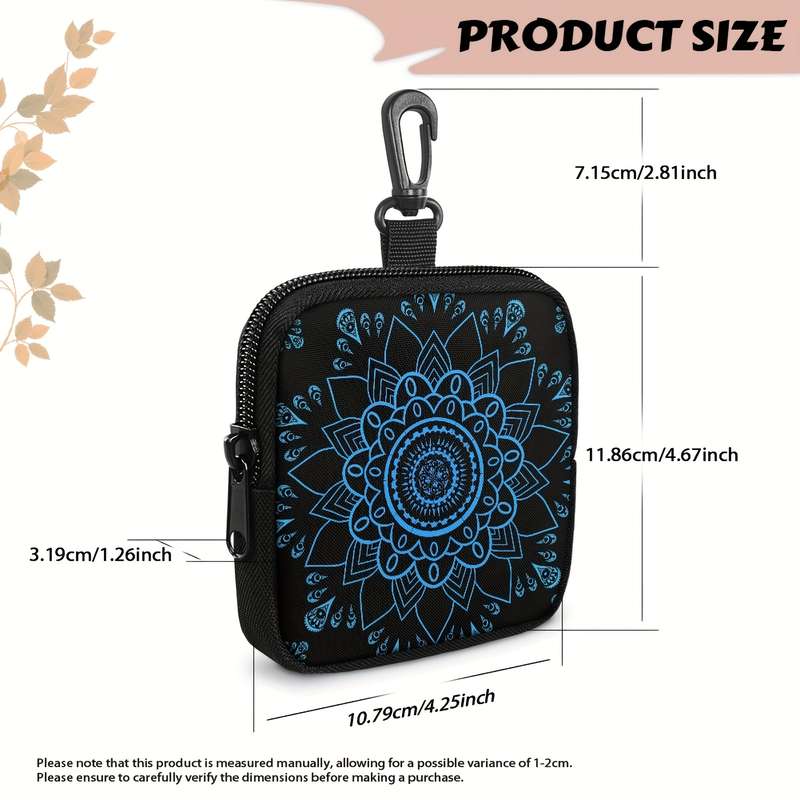 1pc Mandala Flower Coin Purse with Hook Stylish Polyester Earphone Key Organizer Zippered Trav
