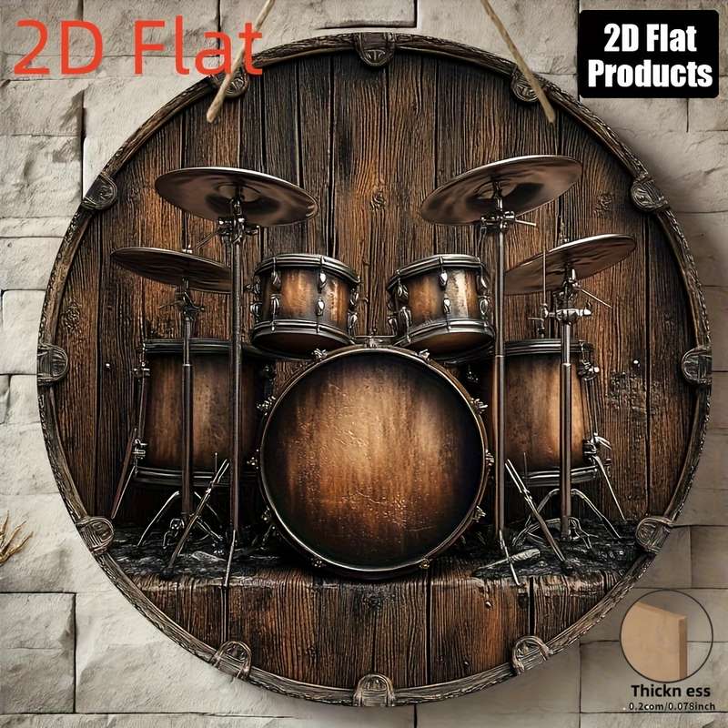 1pc 2D Flat 20.32x20.32 cm Drum-Themed Round Wooden Wall Art Frameless Rustic Metallic Finish I