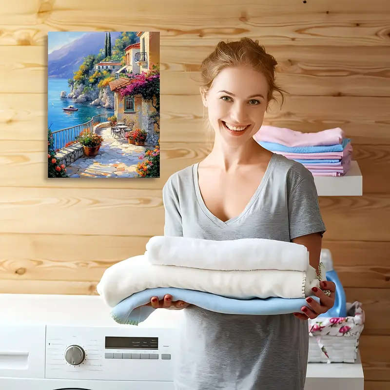 1pc Charming Seaside Village Canvas Art 29.97cm x 39.88cm Wooden Framed Wall Decor for Living Room B
