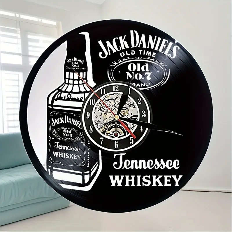 1pc Jack Daniels Vintage Whiskey Themed Silent Wall Clock Round Vinyl Record Design Battery Operated