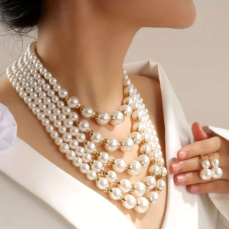 1 Set Of 14K Gold Plated Elegant Multi-Layered Faux Pearl Beaded Necklace And Earrings