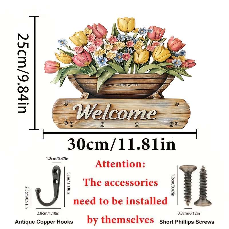2D Flat 1pc flowers welcome simple colorful wood with home key hanger with four metal hooks (30.0
