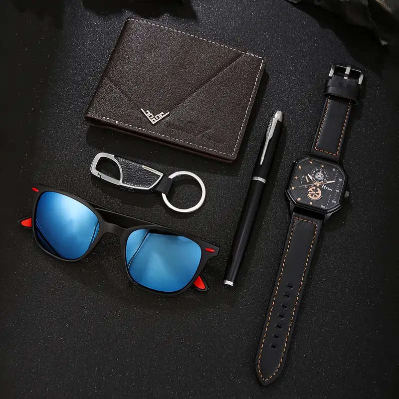 5pcs Men's Business Fashion Wallet Set Faux Leather Light Brown Versatile Elegant for Travel Parties