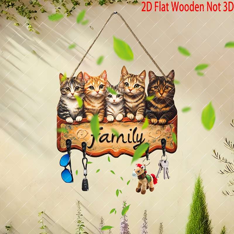 1pc Rustic Wooden "Family" Key Holder with Charming Cat IllustrationsBohemian Style Wall-Mounted