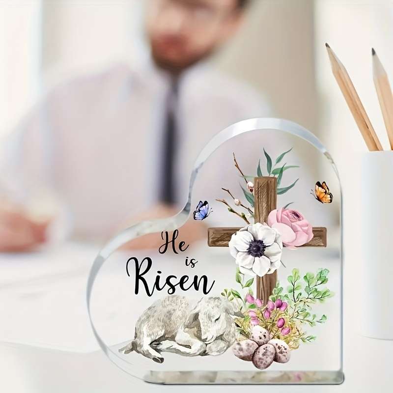 1pc 2D Flat  Heart-Shaped Acrylic Easter Decoration "He is Risen" Lamb and Cross Design with Flor