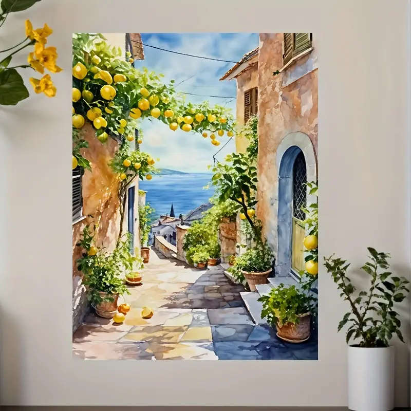 1pc Amalfi Coast Lemon Tree Canvas Art Print Frameless Mediterranean Watercolor Poster Vibrant Coast