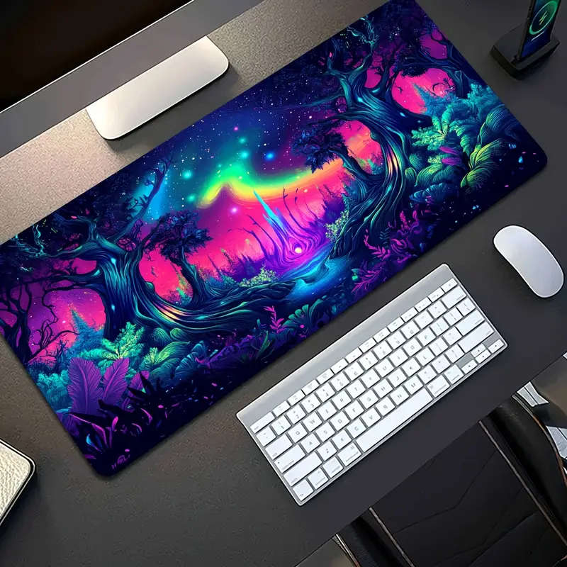 1pc 30x80cm Vibrant Neon Aurora Forest Gaming Mouse Pad Soft Rubber Base Non-Slip Desk Mat