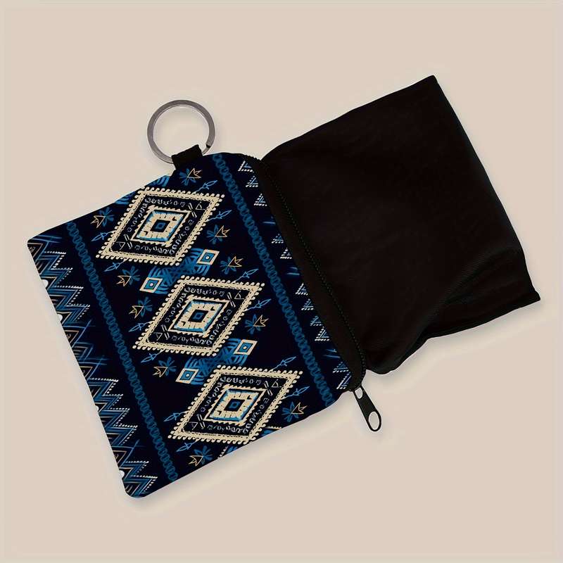 1pc SWEET Aztec Pattern Compact Purse Blue Black Geometric Design Zippered Small Wallet wi