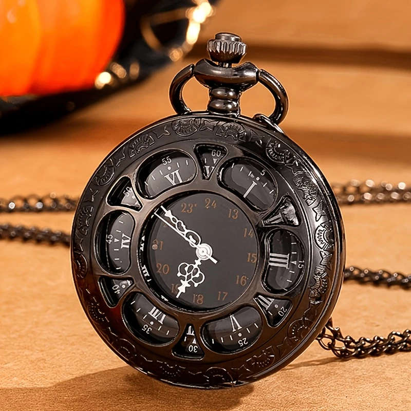 1pc Exquisite Hollow Pocket Watch Black Roman Dial Necklace Pendant Watch Color sent randomly
