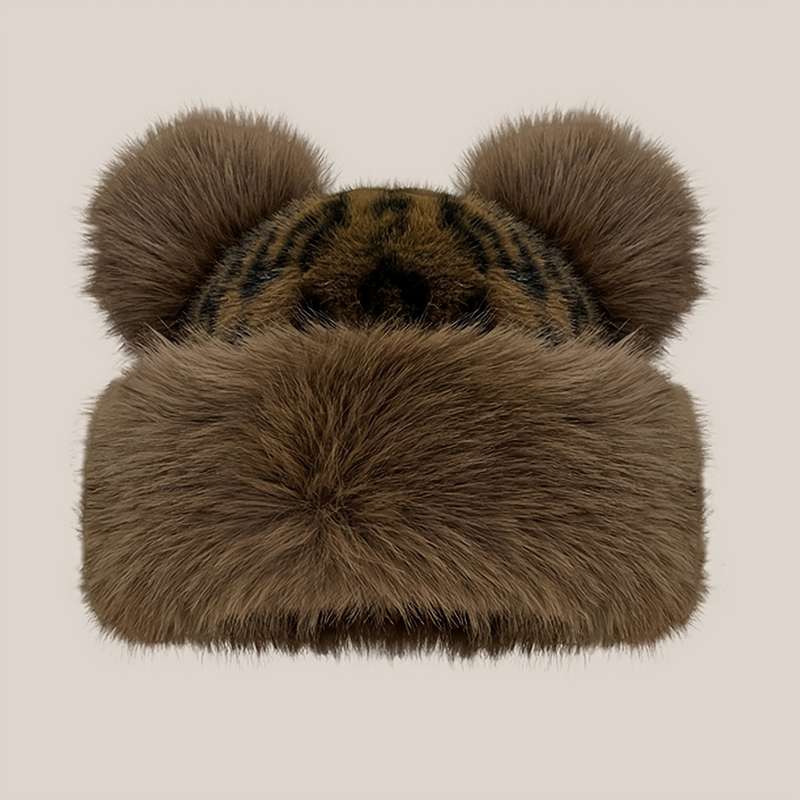 1pc Thick Breathable Faux Fur Leopard Print Beanie with Bear Ears Chic Plush Hat for Women St